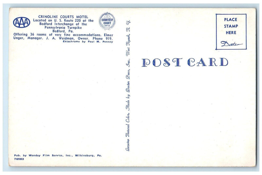 c1960 Crinoline Courts Motel Pennsylvania Turnpike Bedford Pennsylvania Postcard