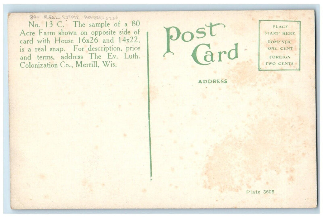 c1910 Real Estate Advertising Acre Farm Field Merrill Wisconsin Vintage Postcard