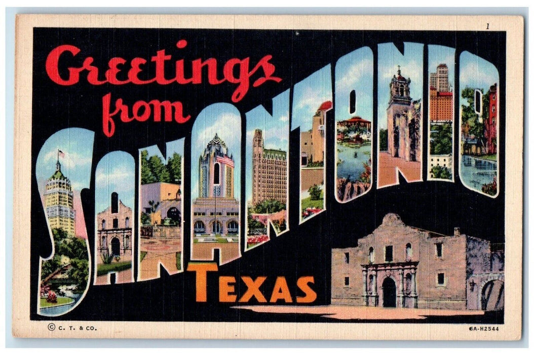 c1940 Greetings From San Antonio Large Letters Alamo Gulf Breezes Texas Postcard