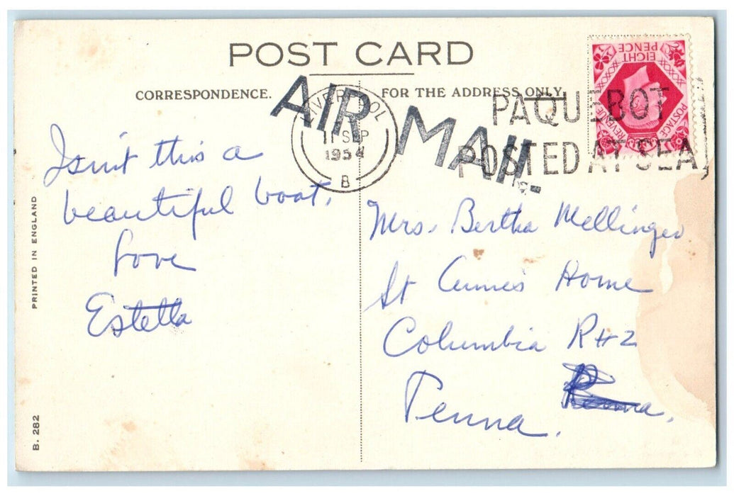 1954 Birds Eye View Cunard RMS Parthia Steamer Ship Cruise Liverpool Postcard