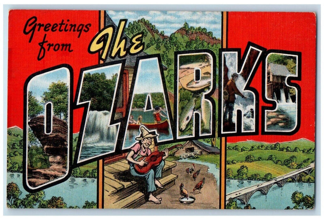 c1940 Greetings From Ozarks Missouri MO Banner Large Letter Multi-View Postcard