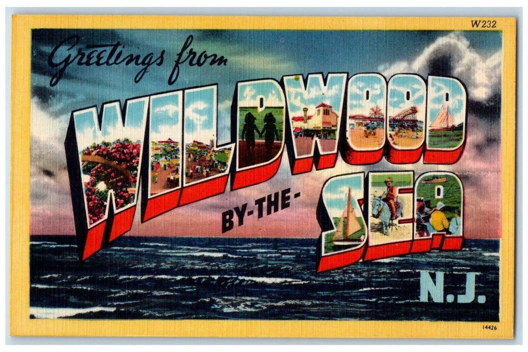 c1940 Greetings From Wildwood By The Sea New Jersey Banner Large Letter Postcard