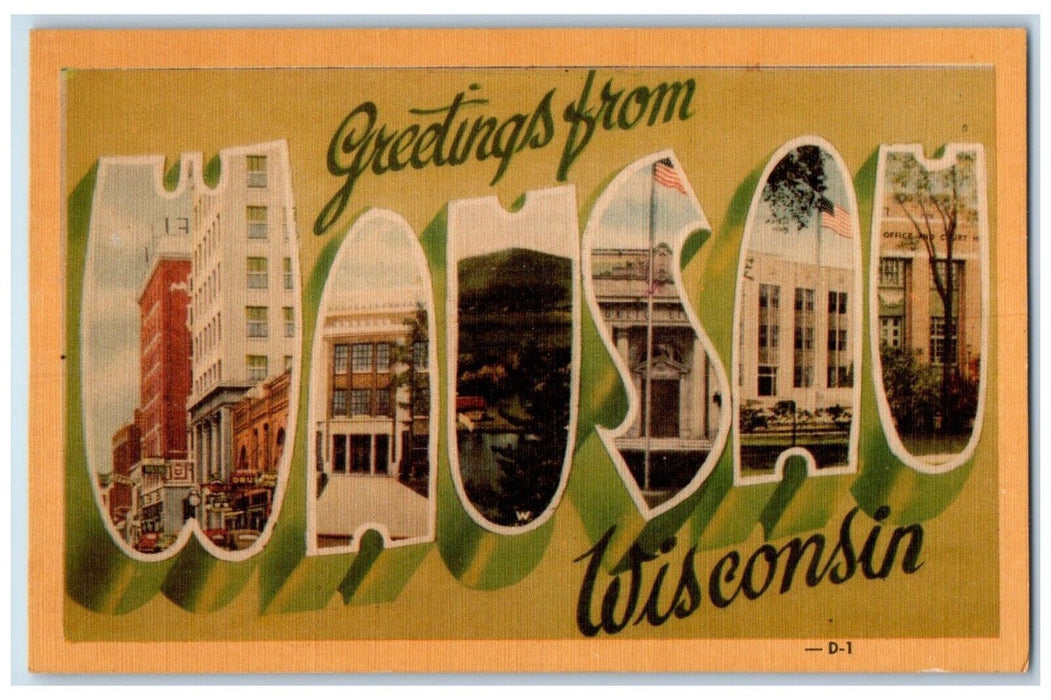 c1940 Greetings From Wausau Wisconsin Banner Big Letter Antique Vintage Postcard