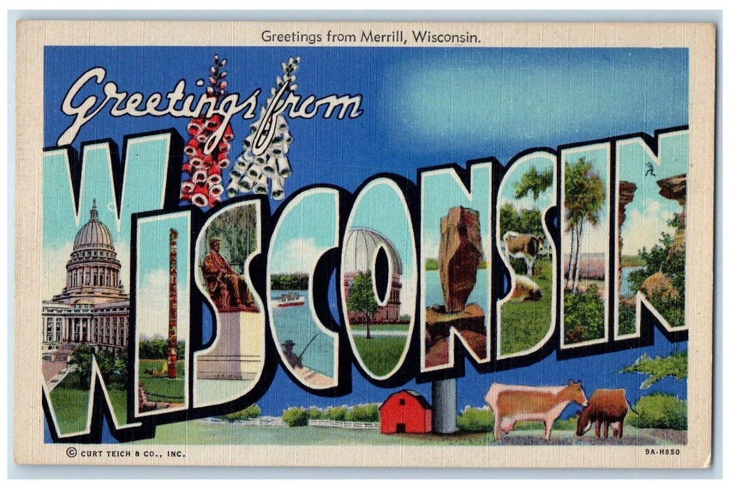 c1940 Greetings From Merrill Wisconsin WI Banner Large Letter Vintage Postcard