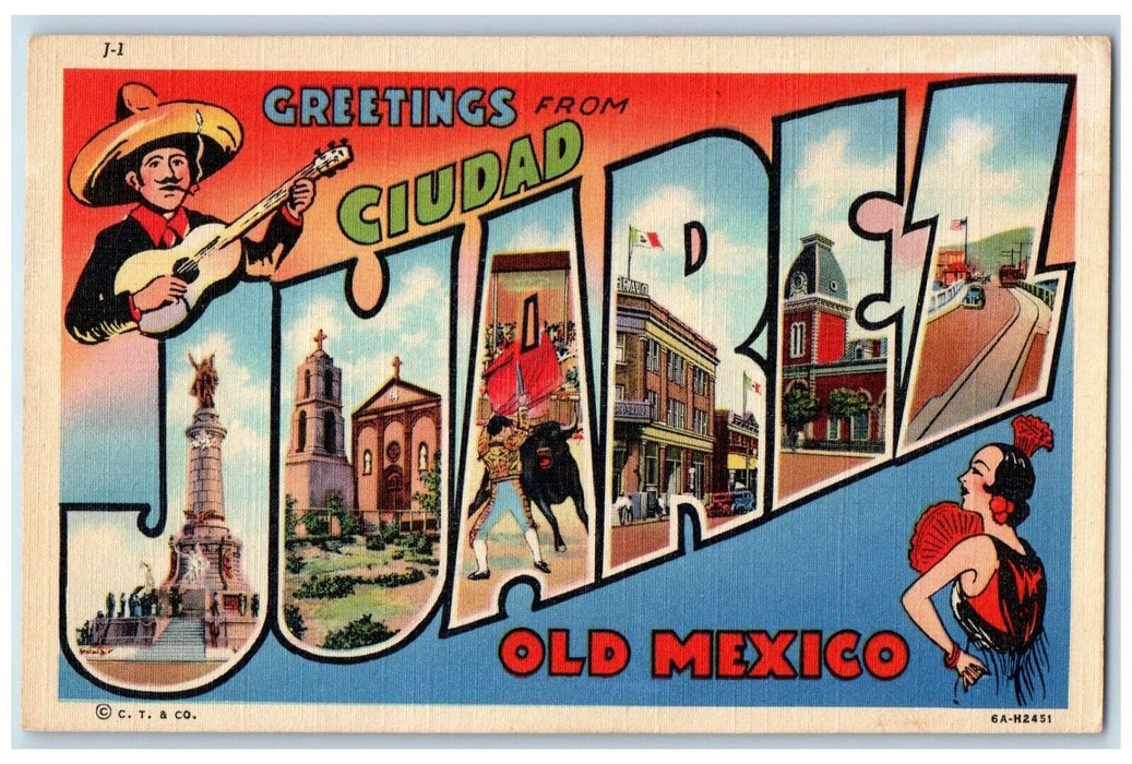 c1940 Greetings From Ciudad Juarez Mexico Banner Large Letter Vintage Postcard