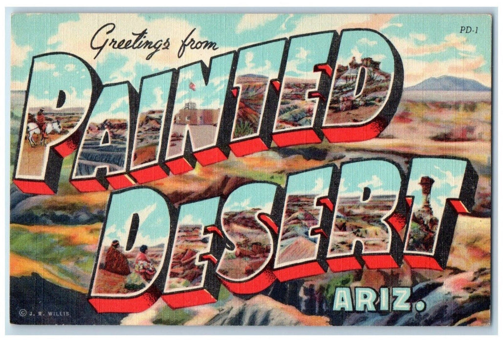 c1940 Greetings From Painted Desert Arizona Banner Big Letter Antique Postcard