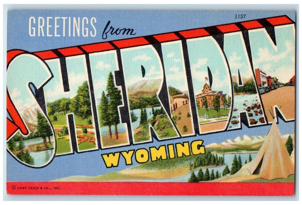 c1940 Greetings From Sheridan Wyoming WY Banner Large Letter Vintage Postcard