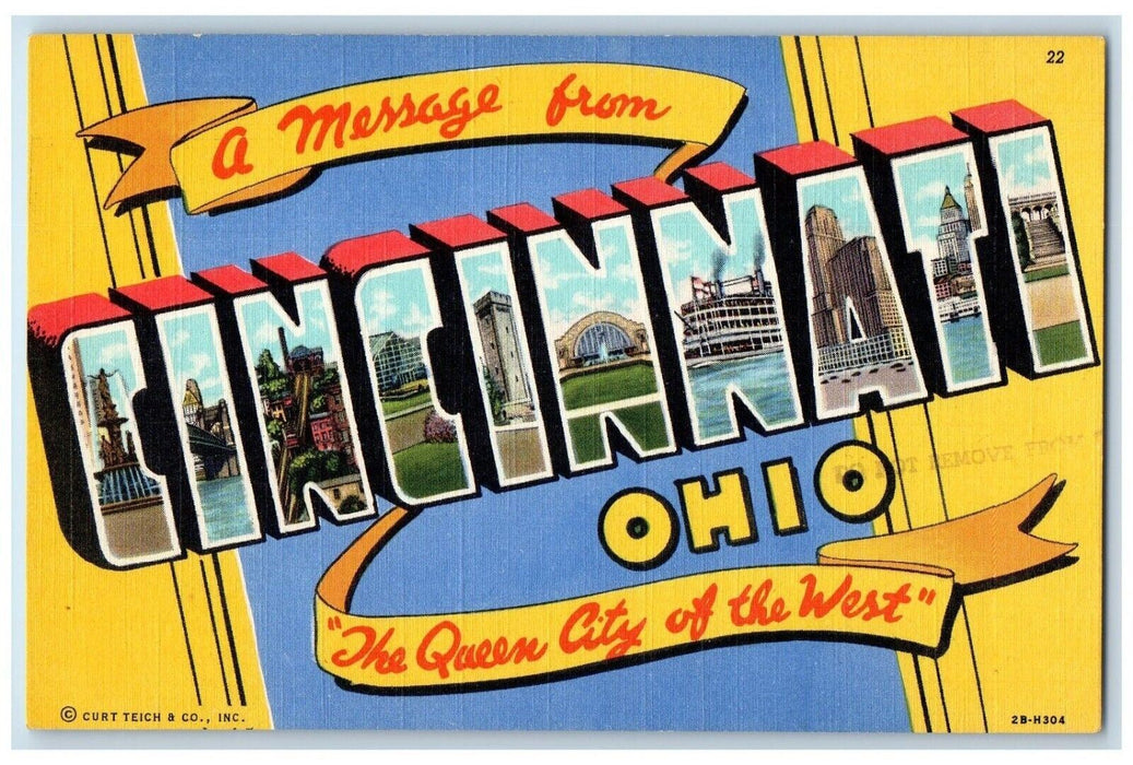 c1940 Message From Cincinnati Ohio Queen City West OH Banner Big Letter Postcard