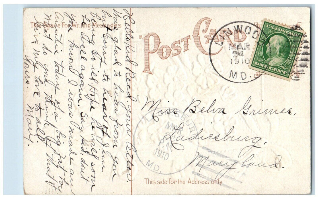 1910 Easter Flowers Red Ribbon Embossed Linwood Maryland MD Antique Postcard