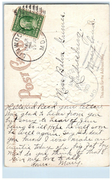 1910 Easter Flowers Red Ribbon Embossed Linwood Maryland MD Antique Postcard