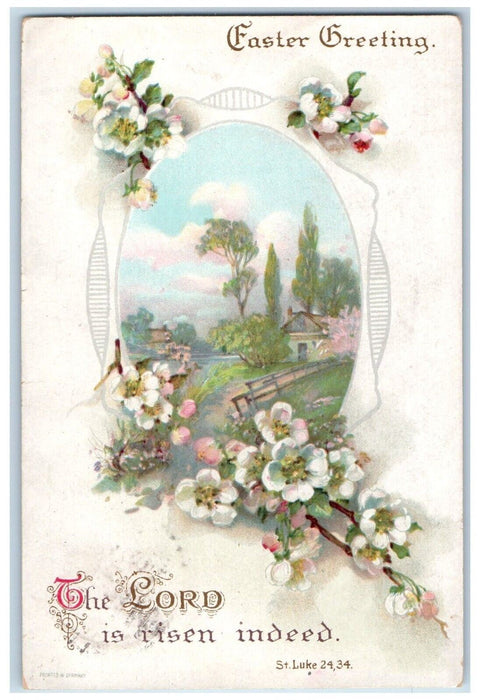 1925 Easter Greeting White Flowers Houses Trees Sebewaing Michigan MI Postcard