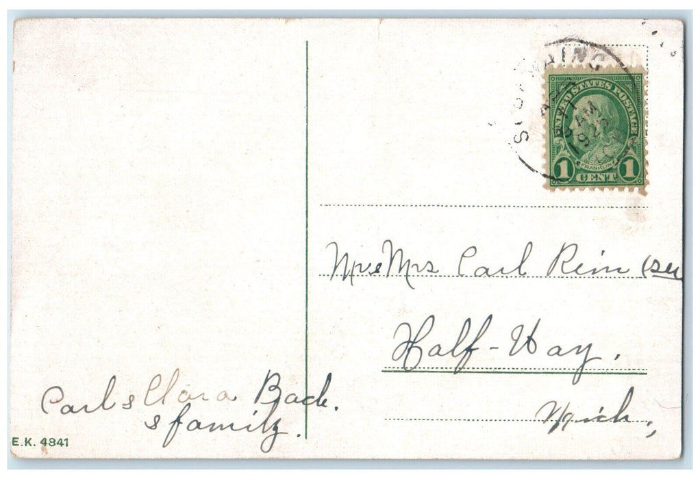 1925 Easter Greeting White Flowers Houses Trees Sebewaing Michigan MI Postcard