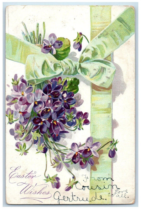 c1905 Easter Wishes Flowers Ribbon Embossed Martinsville New Jersey NJ Postcard