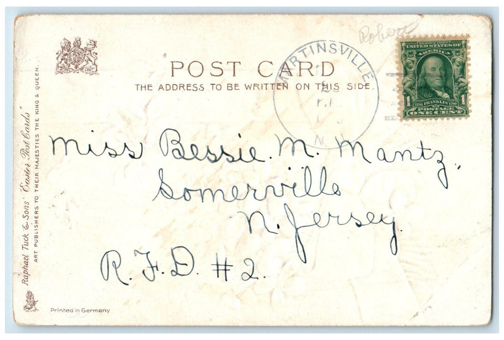 c1905 Easter Wishes Flowers Ribbon Embossed Martinsville New Jersey NJ Postcard