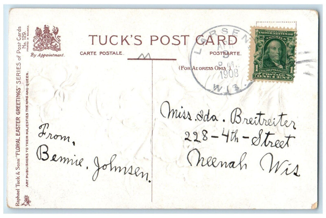 1908 Easter Flower Embossed Tuck's Larsen Wisconsin WI Embossed Antique Postcard
