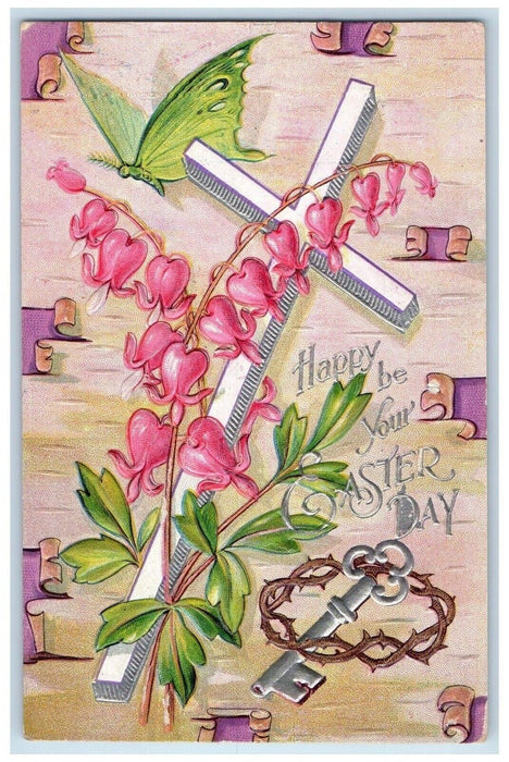 1911 Easter Holy Cross Crown Key Flowers And Butterfly Peoria IL Posted Postcard