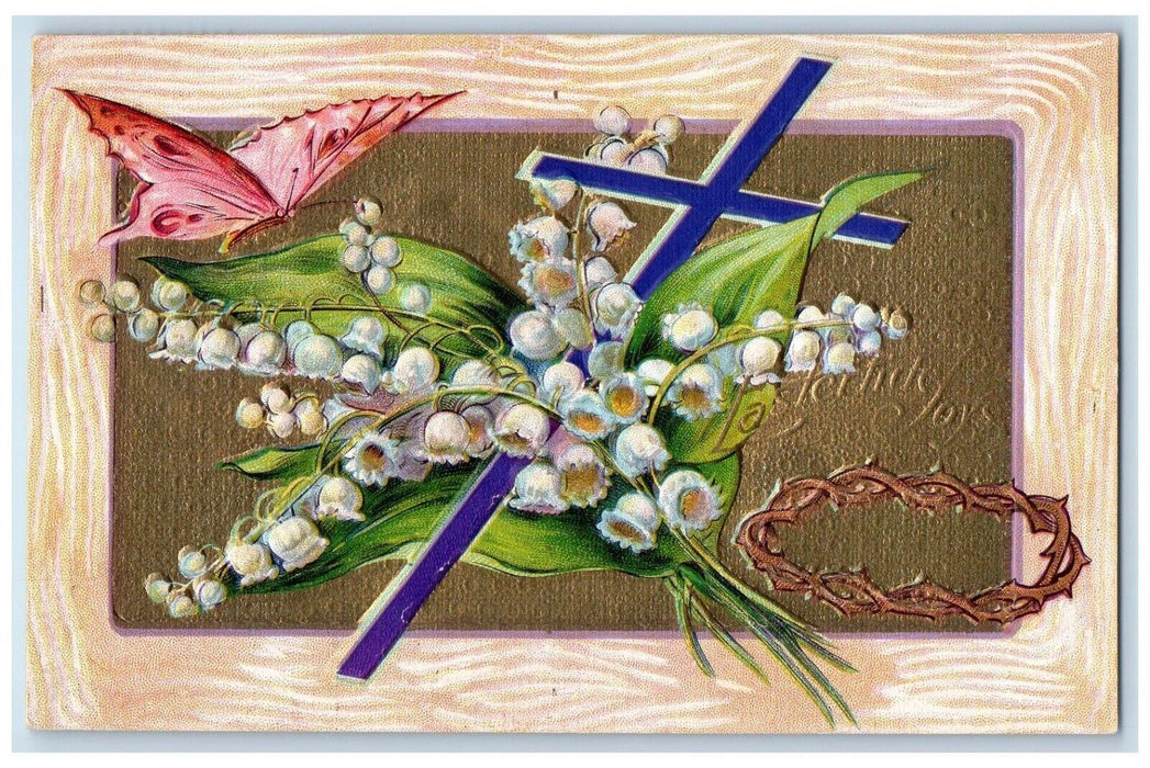 1910 Easter Holy Cross Crown Flowers Butterfly Embossed Claremont NH Postcard