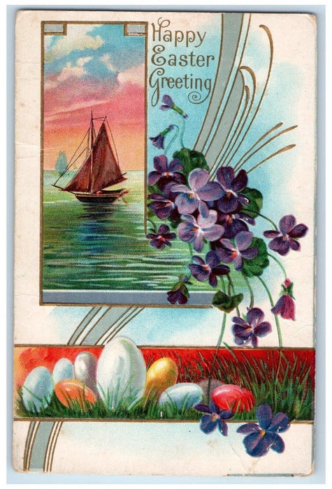 c1910's Easter Greetings Purple Flowers Eggs Sailboat Embossed Antique Postcard