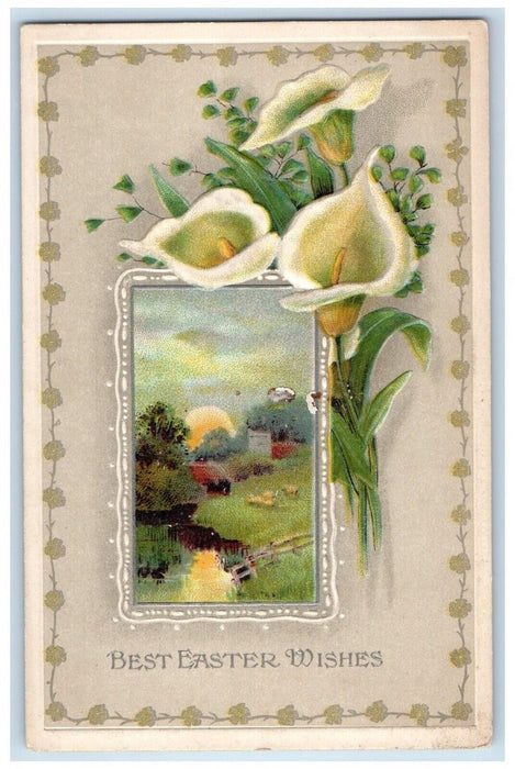 c1910's Easter Wishes Flowers House Field Winsch Back Embossed Antique Postcard