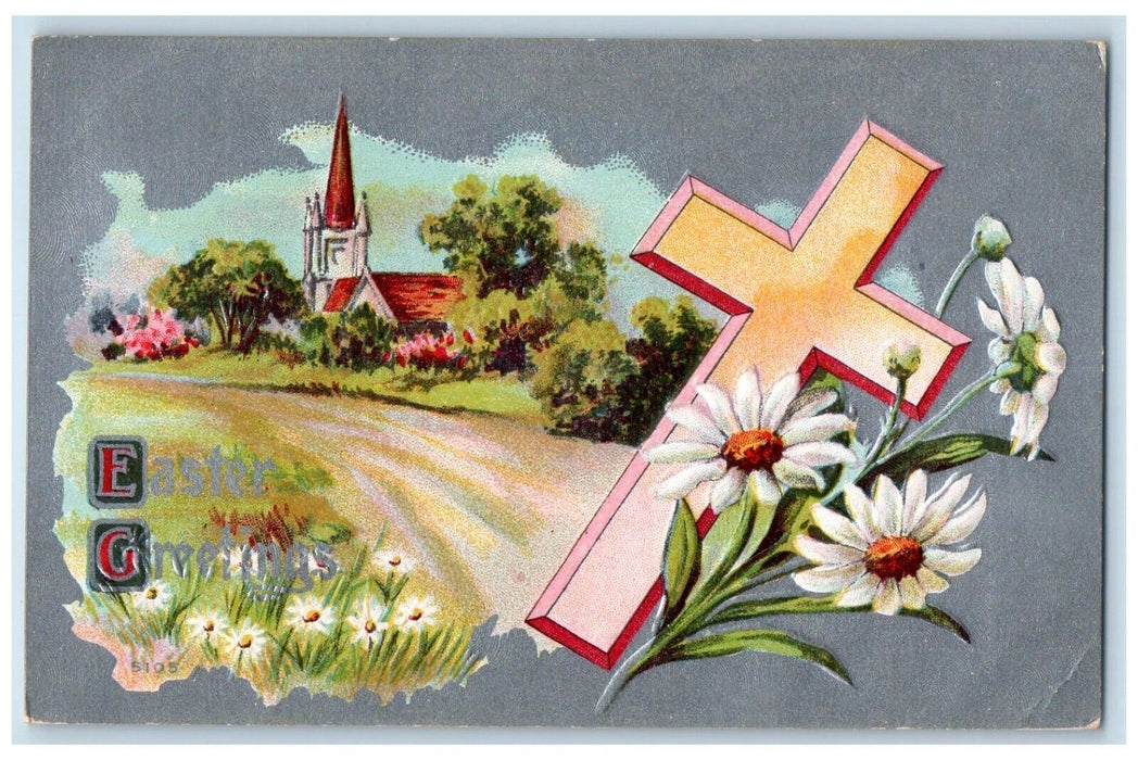 c1910's Easter Greetings Holy Cross Daisy Flowers House Church Embossed Postcard