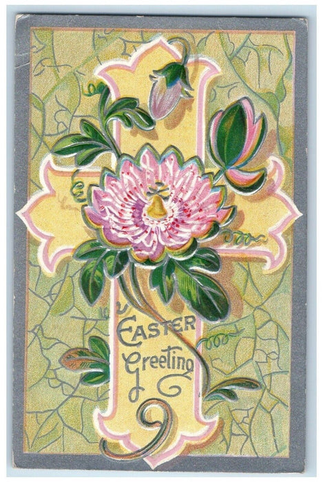 c1910's Easter Greeting Holy Cross Flowers Embossed Unposted Antique Postcard
