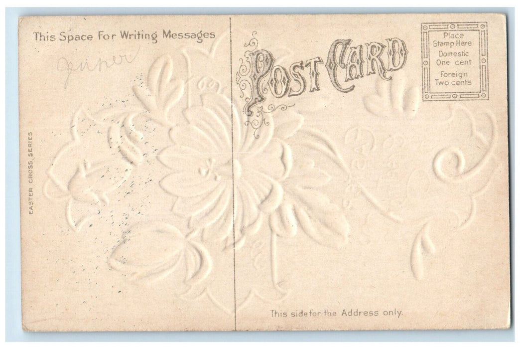 c1910's Easter Greeting Holy Cross Flowers Embossed Unposted Antique Postcard