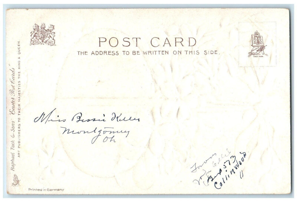 c1905 Easter Wishes Hanging Egg Flowers Pipe Berry Tuck's Embossed Postcard