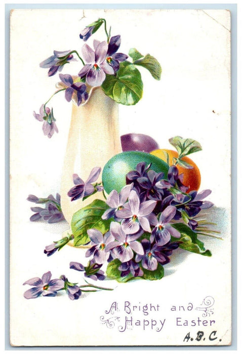 1907 Easter Pansies Flowers Vase And Eggs Tuck's Embossed Claremont NH Postcard