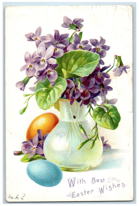 1907 Easter Wishes Pansies Flowers In Vase Eggs Tucks Claremont NH Postcard