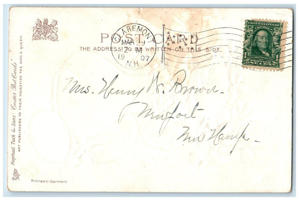 1907 Easter Wishes Pansies Flowers In Vase Eggs Tucks Claremont NH Postcard