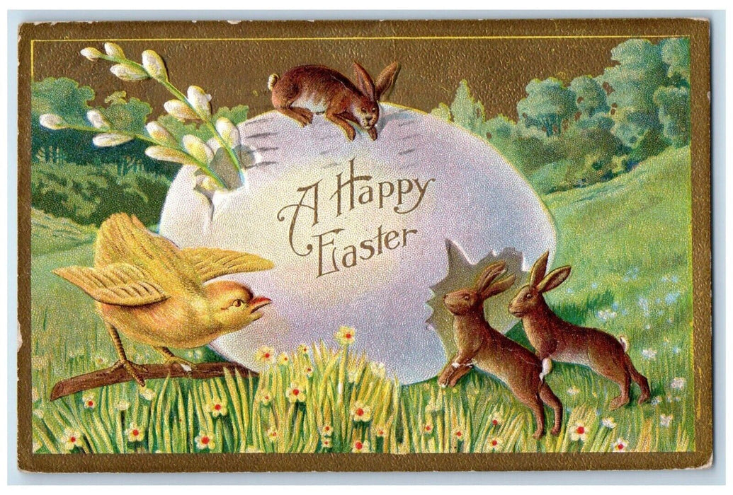 1911 Happy Easter Hatched Egg Rabbits Pipe Berry Chick Akron OH Antique Postcard