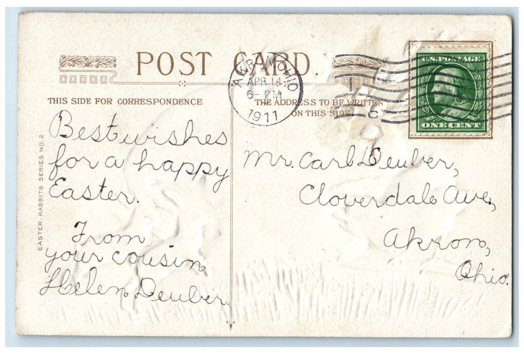 1911 Happy Easter Hatched Egg Rabbits Pipe Berry Chick Akron OH Antique Postcard