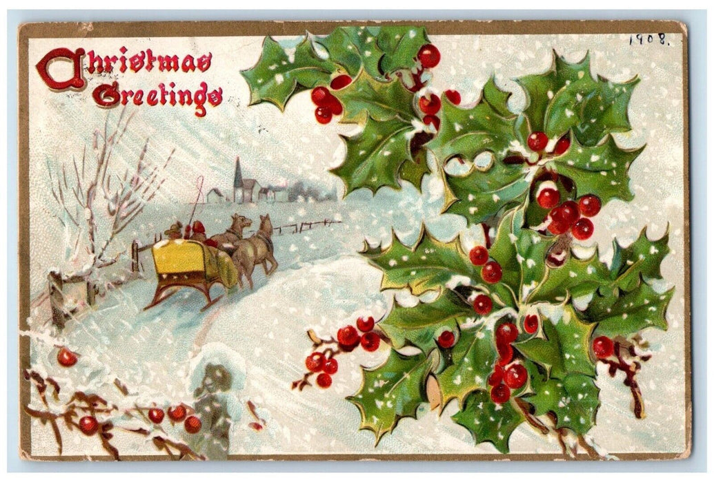 1908 Christmas Greetings Berries Horse Sleigh Snowfall Winter Tuck's Postcard