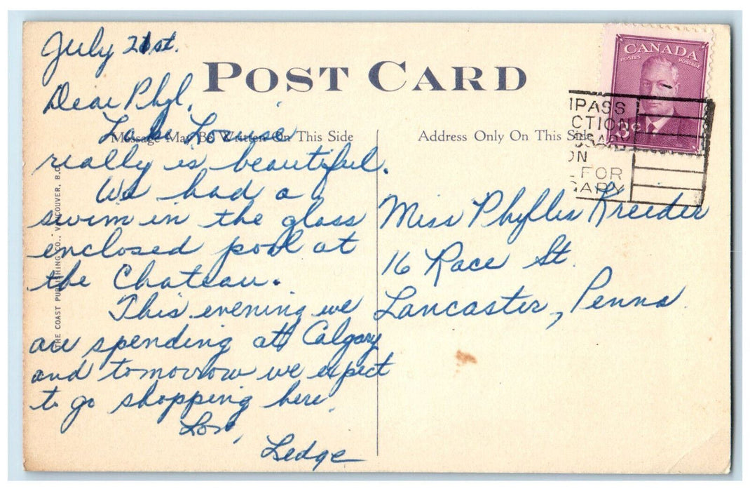 c1940's C.P.R. Chateau Lake Louise Canadian Rockies Alberta Canada Postcard