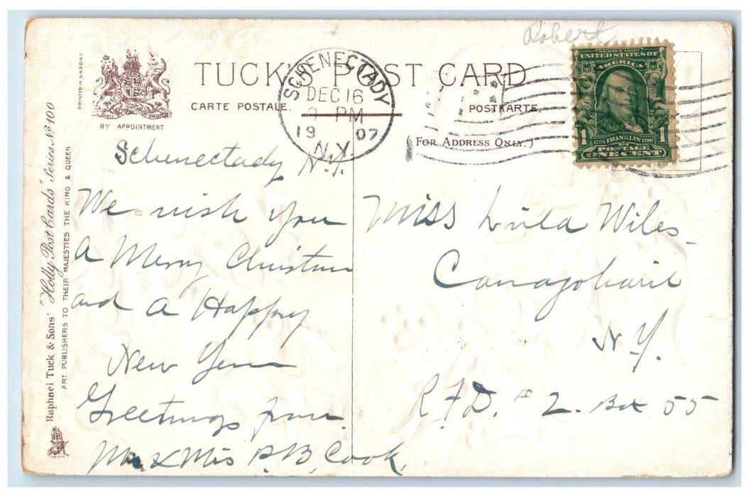 1907 Christmas Holly Berries House Church Winter Schenectady NY Tuck's Postcard
