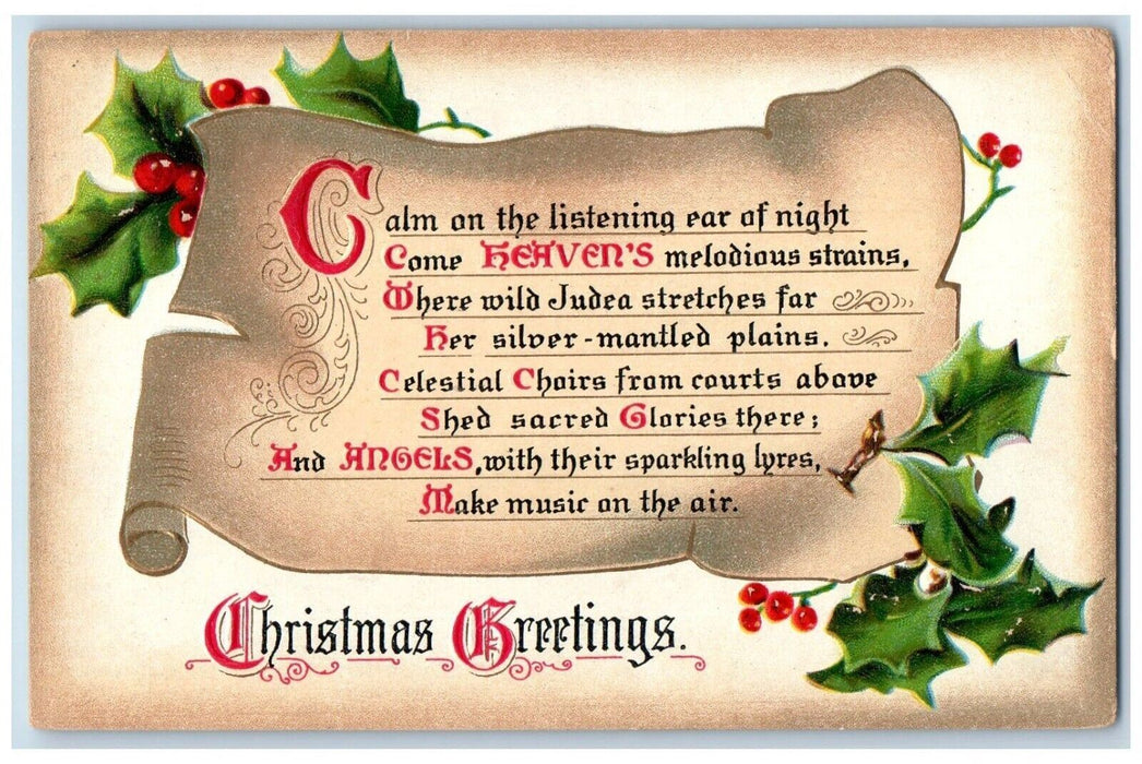 1911 Christmas Greetings Message Holly Berries Morrisville PA Tuck's Postcard