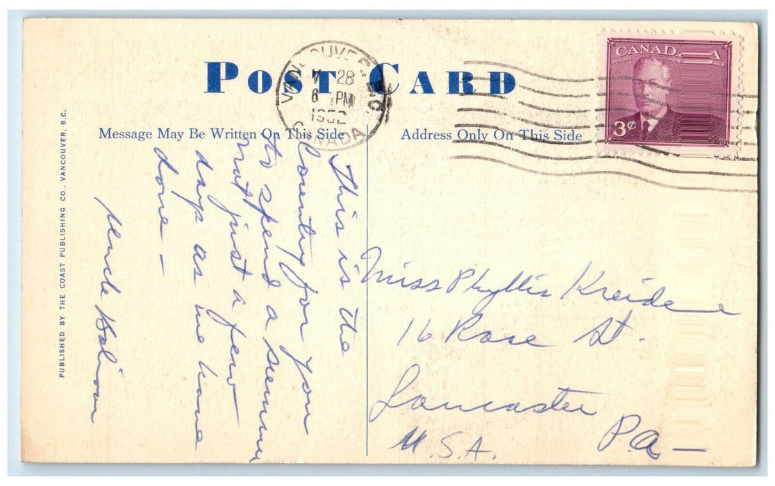 1952 Capilano Suspension Bridge Vancouver British Columbia Canada Postcard