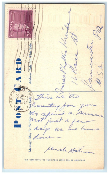 1952 Capilano Suspension Bridge Vancouver British Columbia Canada Postcard