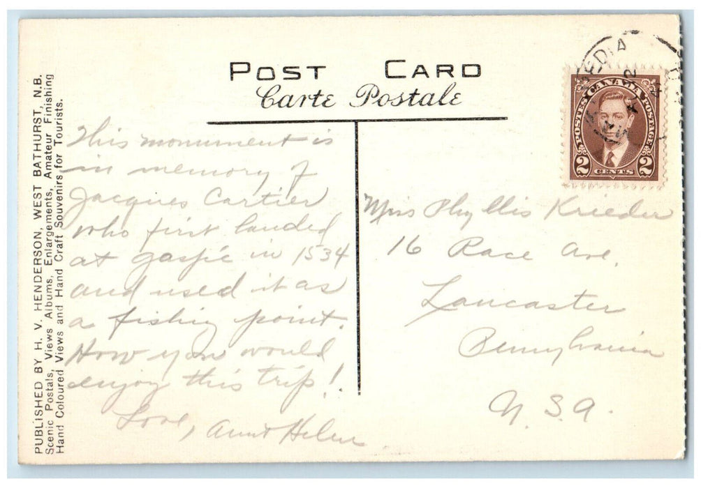 c1940's Overlooking Gaspe Harbour Gaspe P.Q. Canada Vintage Posted Postcard