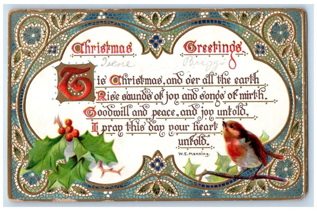 1911 Christmas Greetings Message Song Bird Berries Buffalo NY Tuck's Postcard