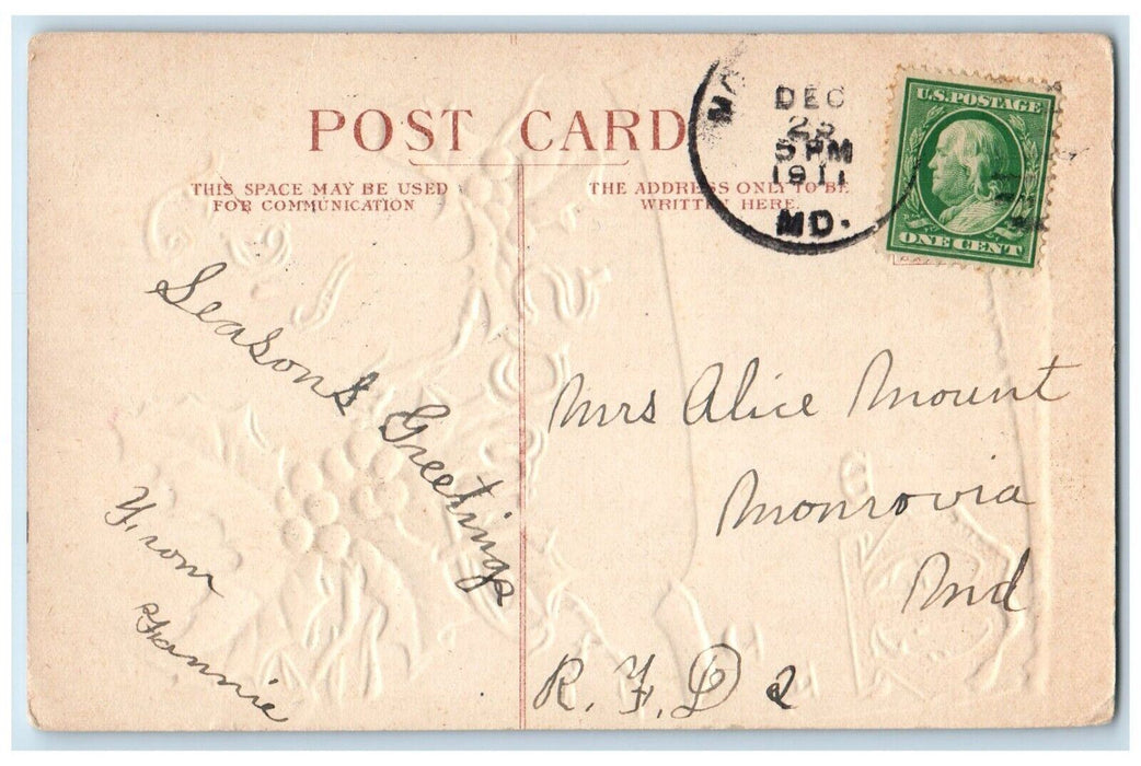 1911 Christmas Message Holly Berries Embossed Monrovia Maryland MD Postcard