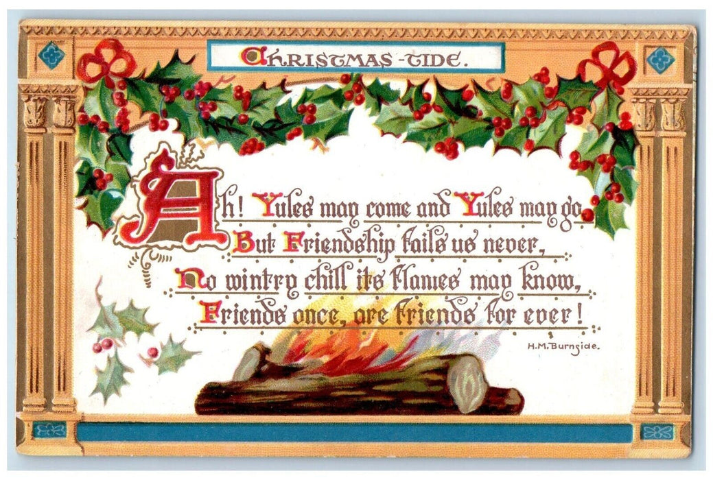 1909 Christmas Message Holly Berries Embossed Tuck's Primghar Iowa IA Postcard