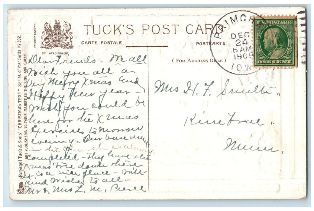1909 Christmas Message Holly Berries Embossed Tuck's Primghar Iowa IA Postcard