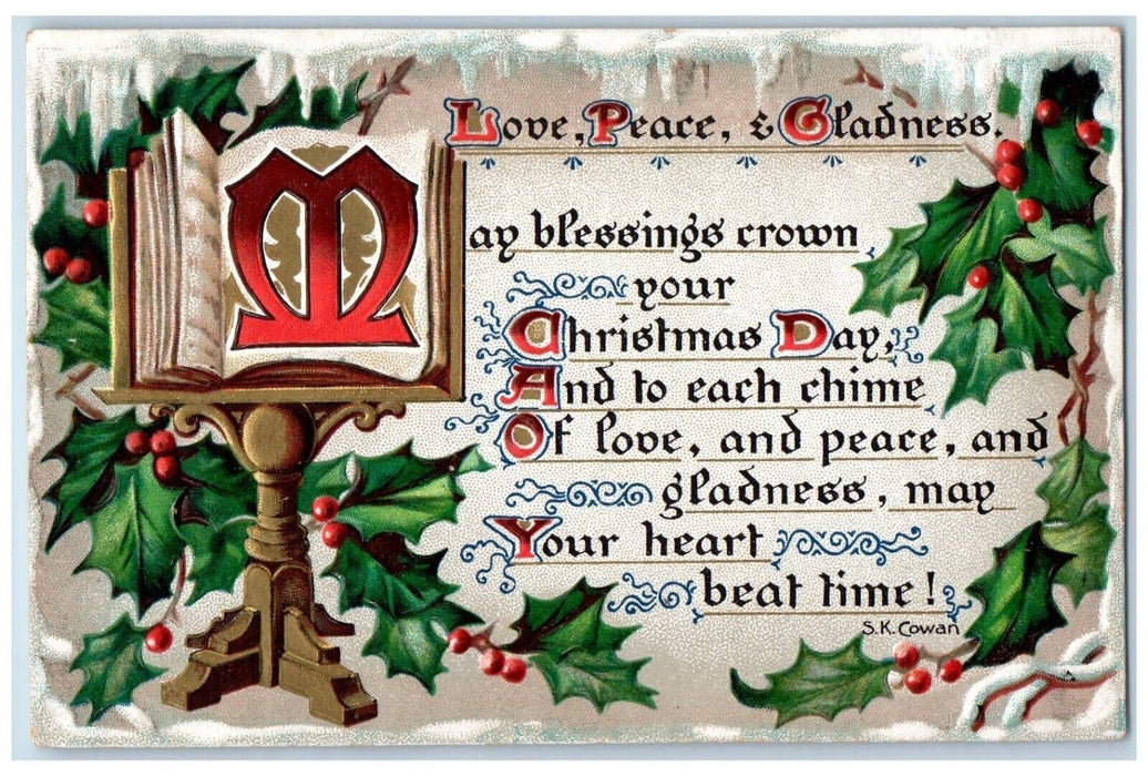 c1910's Christmas Message Holly Berries Embossed Tuck's Posted Antique Postcard