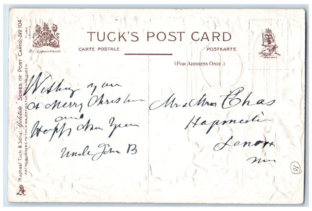 c1910's Christmas Message Holly Berries Embossed Tuck's Posted Antique Postcard