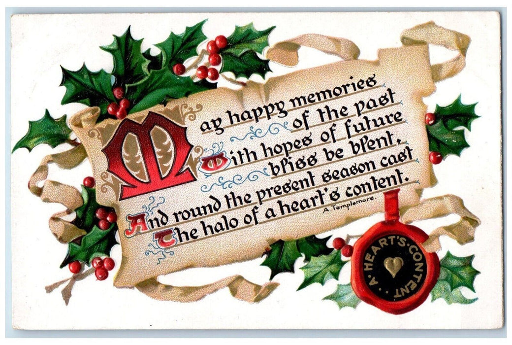 Christmas Message Berries Heart's Content Embossed Brooklin Canada Postcard