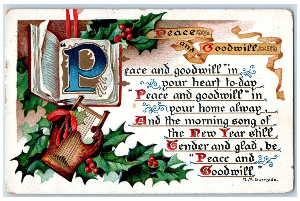 1909 Christmas Message Book Lyre Holly Berries Los Angeles CA Tuck's Postcard