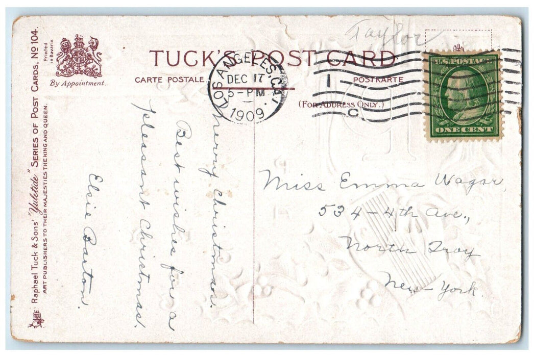 1909 Christmas Message Book Lyre Holly Berries Los Angeles CA Tuck's Postcard