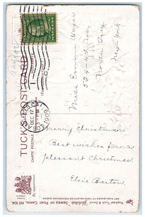 1909 Christmas Message Book Lyre Holly Berries Los Angeles CA Tuck's Postcard