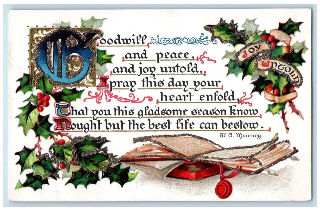 1909 Christmas Message Holly Berries Book Glitter Embossed Tuck's Postcard